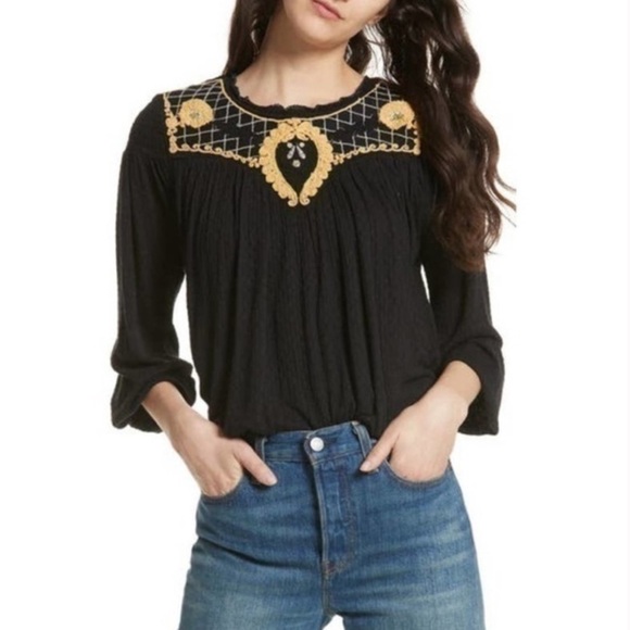 Free People Black Blouse with Gold Embroidery - Picture 1 of 4